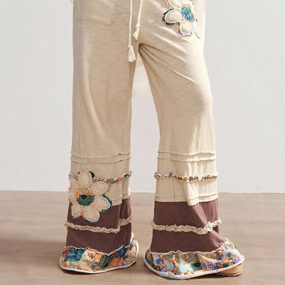 Apricot Boho Women's Vacation Casual Knit Patchwork Loose Pants - Picture 5 of 7